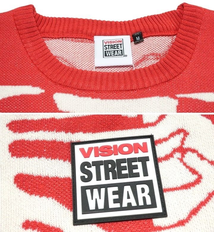 スカル ニット ボーン 髑髏/ドクロ ヴィジョン ストリート ウェア VISION STREET WEAR メンズ/レディース ジャガード ロック 長袖 オーバーサイズ レッド サイズM/サイズL/サイズXL