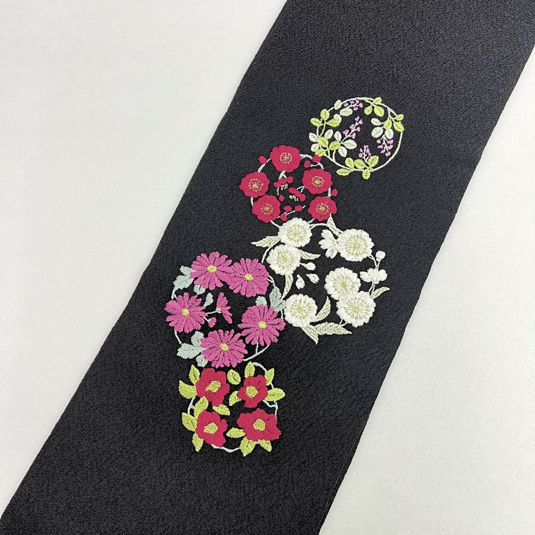 半襟 刺繍 振袖 成人式 半衿 卒業式 袴用 黒 ブラック 青海波 菊 桜 