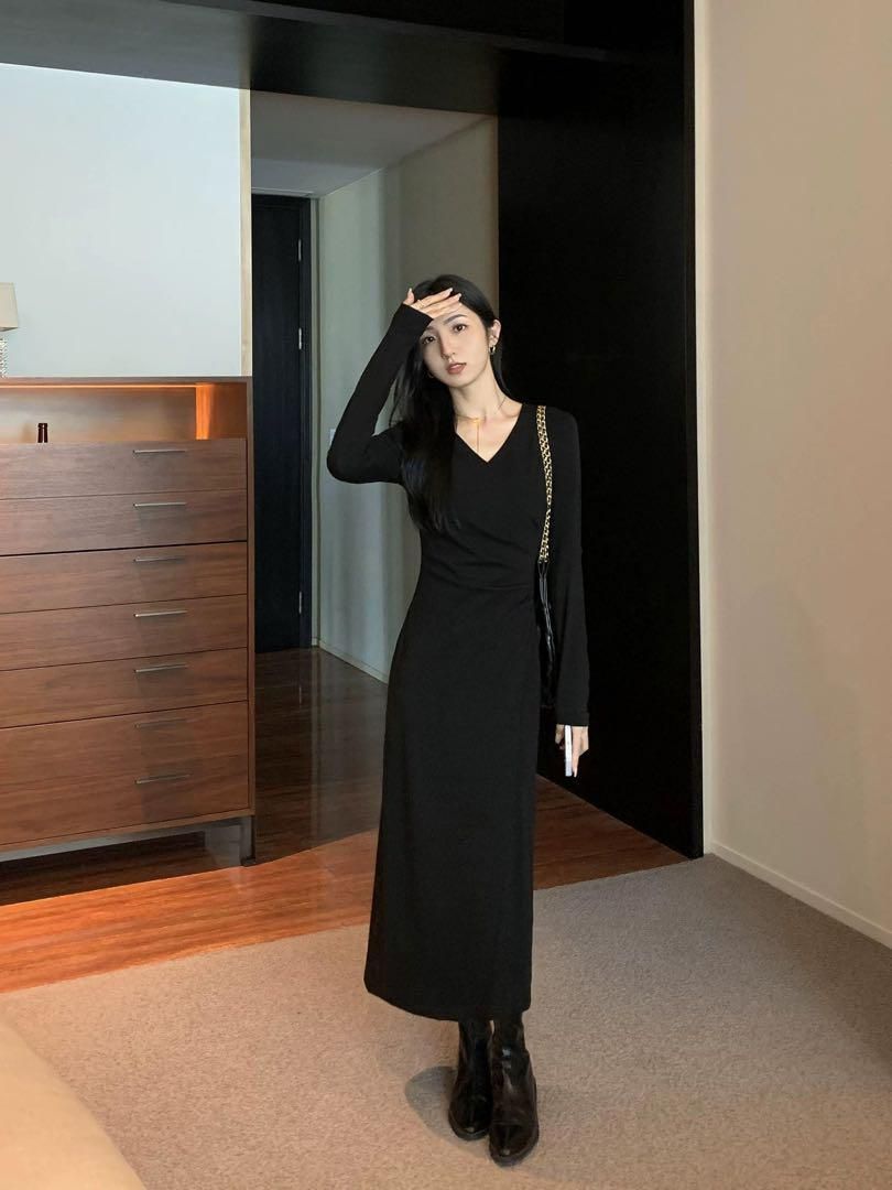 春コーデ Vネックタイトニットロングワンピース 着痩せ効果抜群