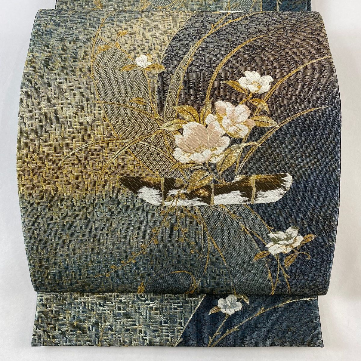 袋帯 名品 草花 金糸 箔 緑 六通 正絹