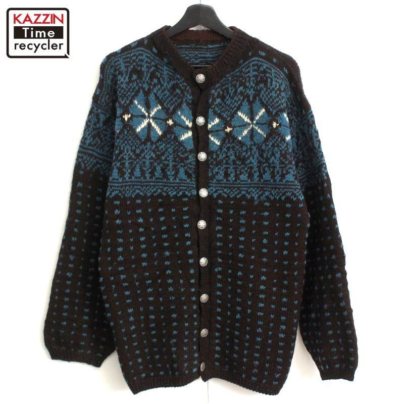 希少80s〜90sヴィンテージ 総柄ウールカーディガン 黒✕青 Lニットセーター VINTAGE セーター ニット 「ヴィンテージ古着」80-90's SANTANA