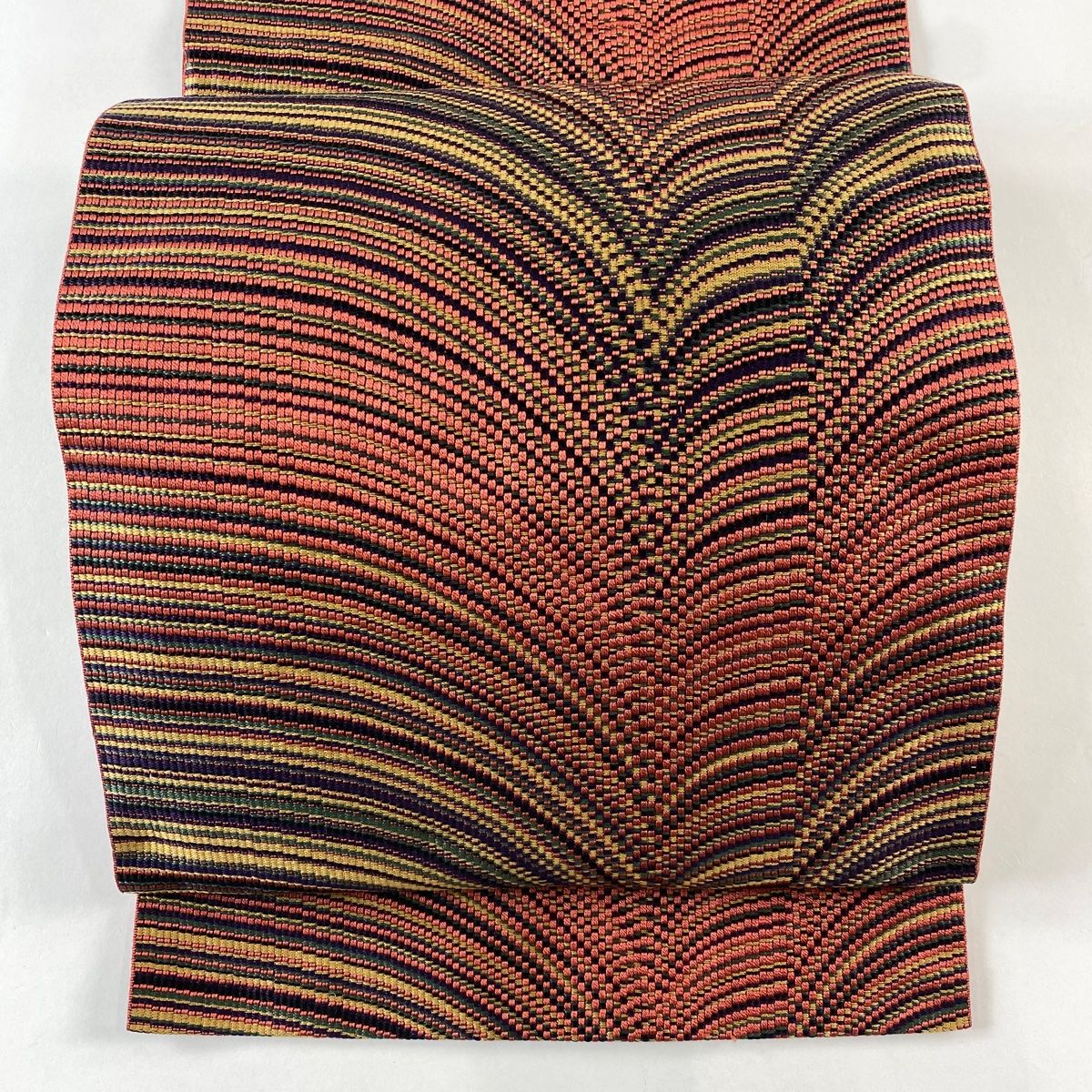 名古屋帯 秀品 八寸名古屋帯 幾何学 茜色 正絹