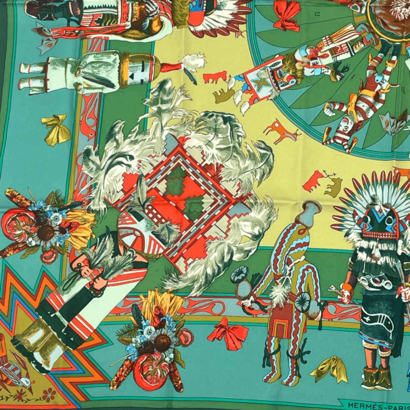 HERMES カレ90 カチナ グリーン シルクスカーフ エルメス HERMES カレ90 カチナ グリーン シルクスカーフ エルメス 極美品