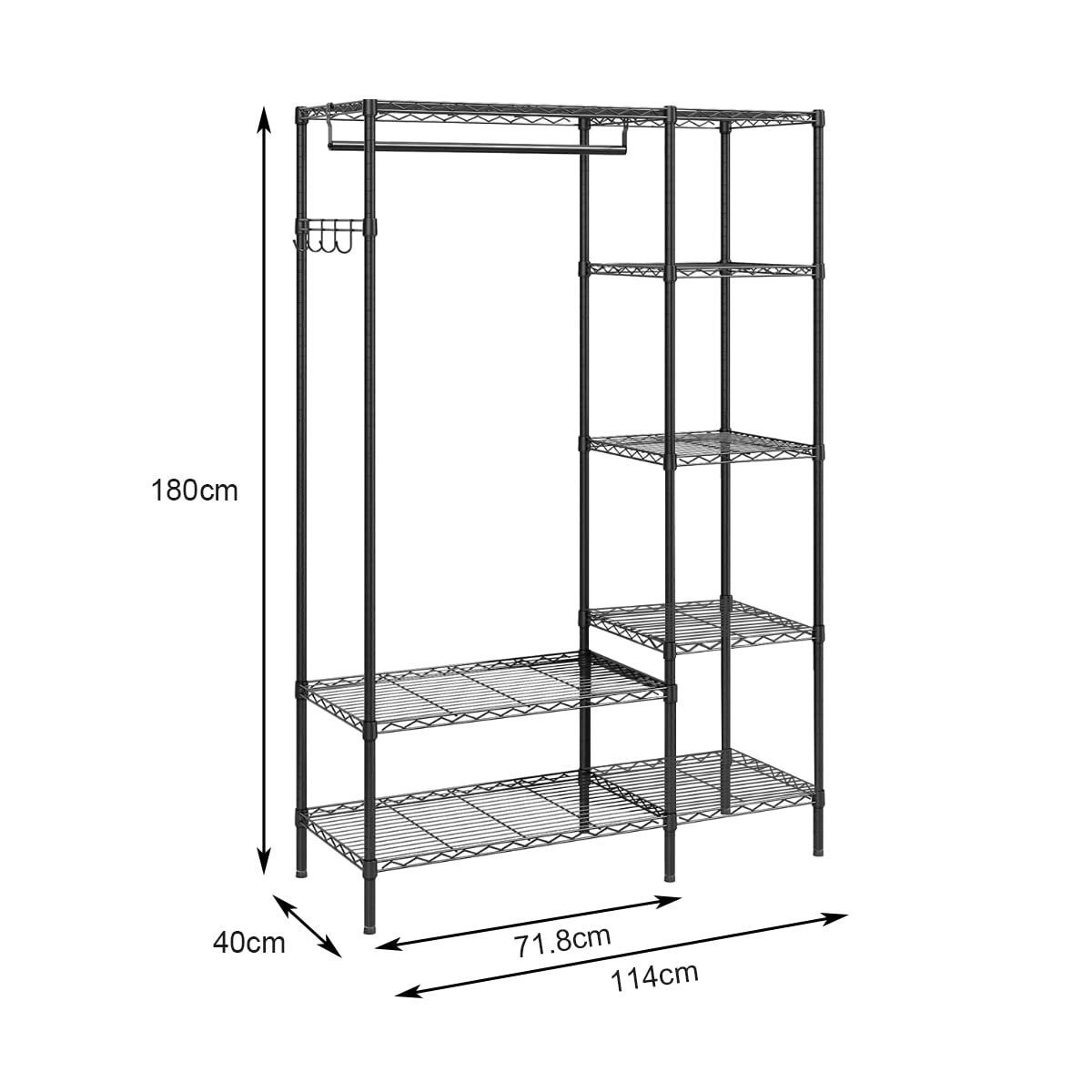 数量 大容量 棚付き 棚板高さ調節 コート掛け 省スペース ブラック 衣類収納 コートハンガー 幅114×奥行40×高さ180cm ハンガーラック ワードローブ NEXPOTALLINN_EU