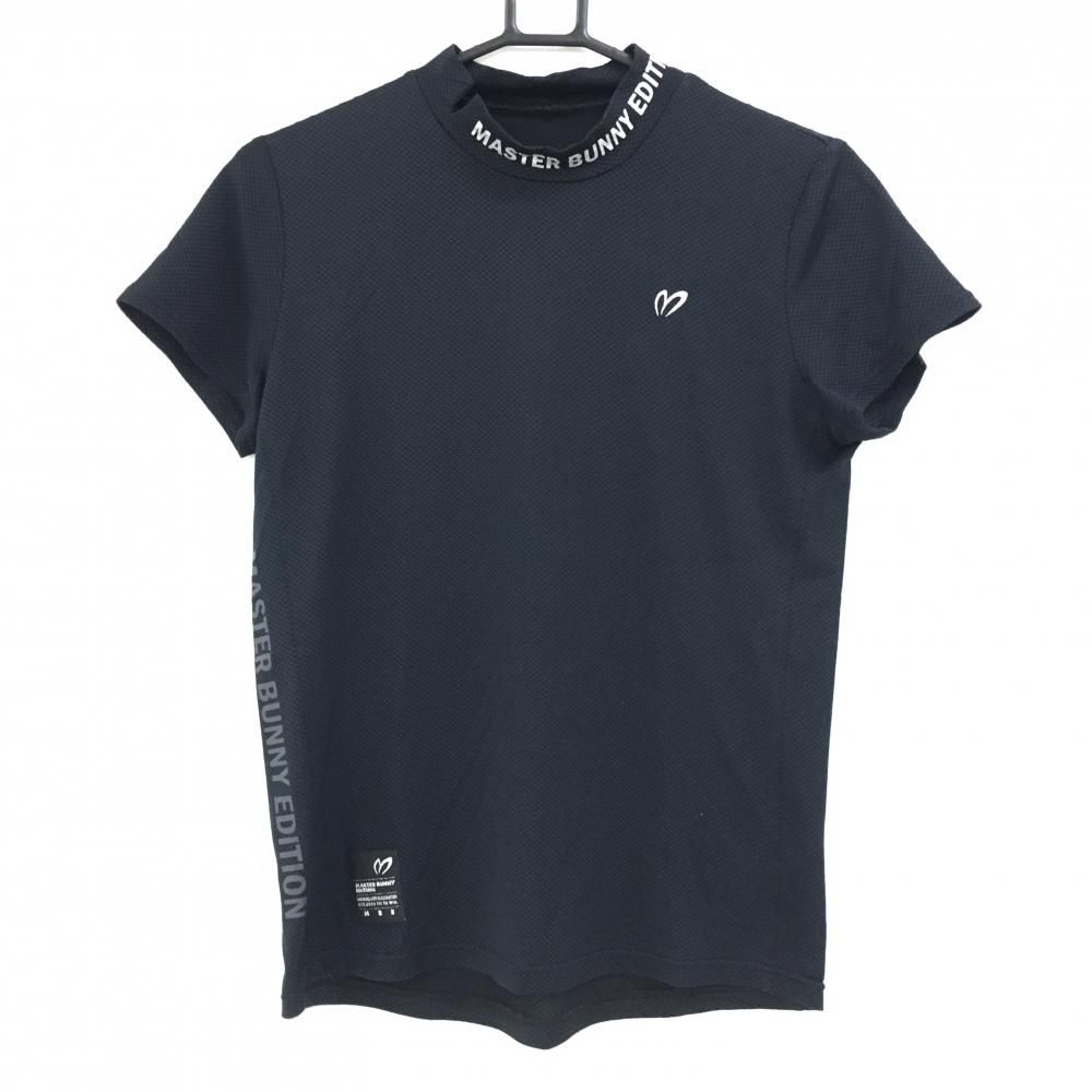 【超美品】マスターバニー 半袖ハイネックシャツ 黒×シルバー 織生地 ネックロゴ レディース 2(L) ゴルフウェア MASTER BUNNY EDITION
