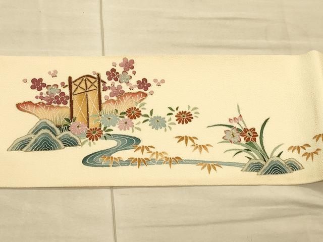 平和屋-こころ店◎九寸名古屋帯 型染め 花蝶文 鬼しぼ