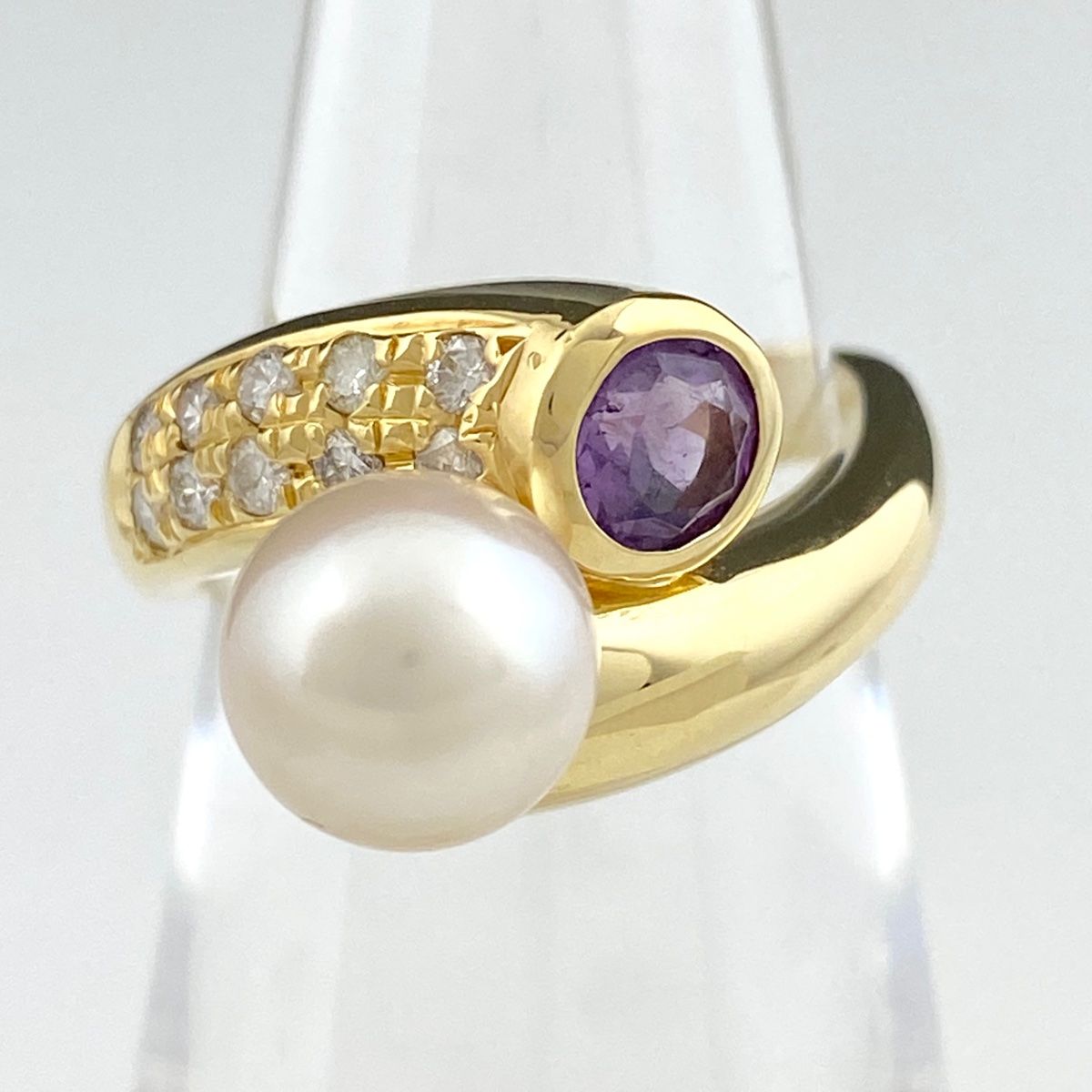パール デザインリング K18 イエローゴールド メレダイヤ 指輪 真珠