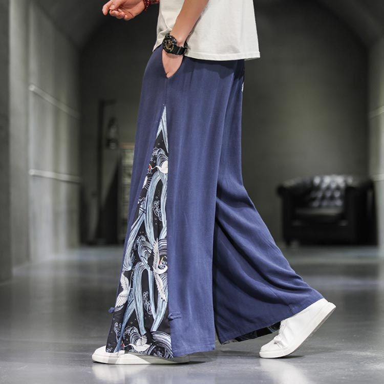 ワイドパンツ メンズ 綿 麻 ルーズパンツ リネン 柄 切り替え