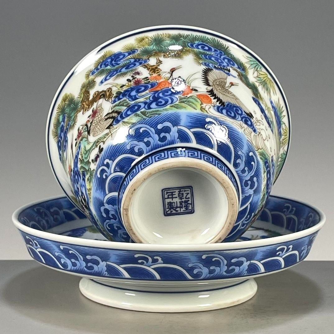 中国茶器 景德鎮 五色松鶴献寿図三才蓋碗 茶碗 新品未使用 中国茶器 景德鎮 五色松鶴献寿図三才蓋碗 茶碗 新品未使用