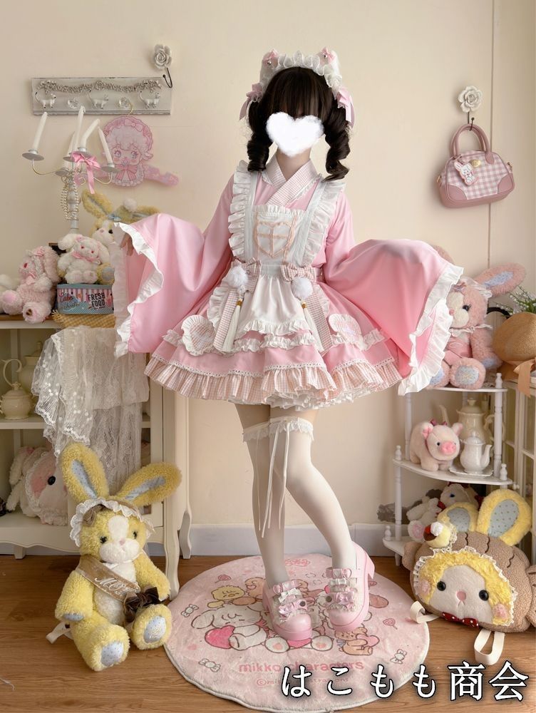 ドレスです 和風メイドセット コスプレ デザイン 上衣＋スカート＋エプロン＋蝶結び4点セット S~Lサイズ 多色展開 ピンク ブラック イエロー ブルー 撮影 推し活 舞台用 衣装