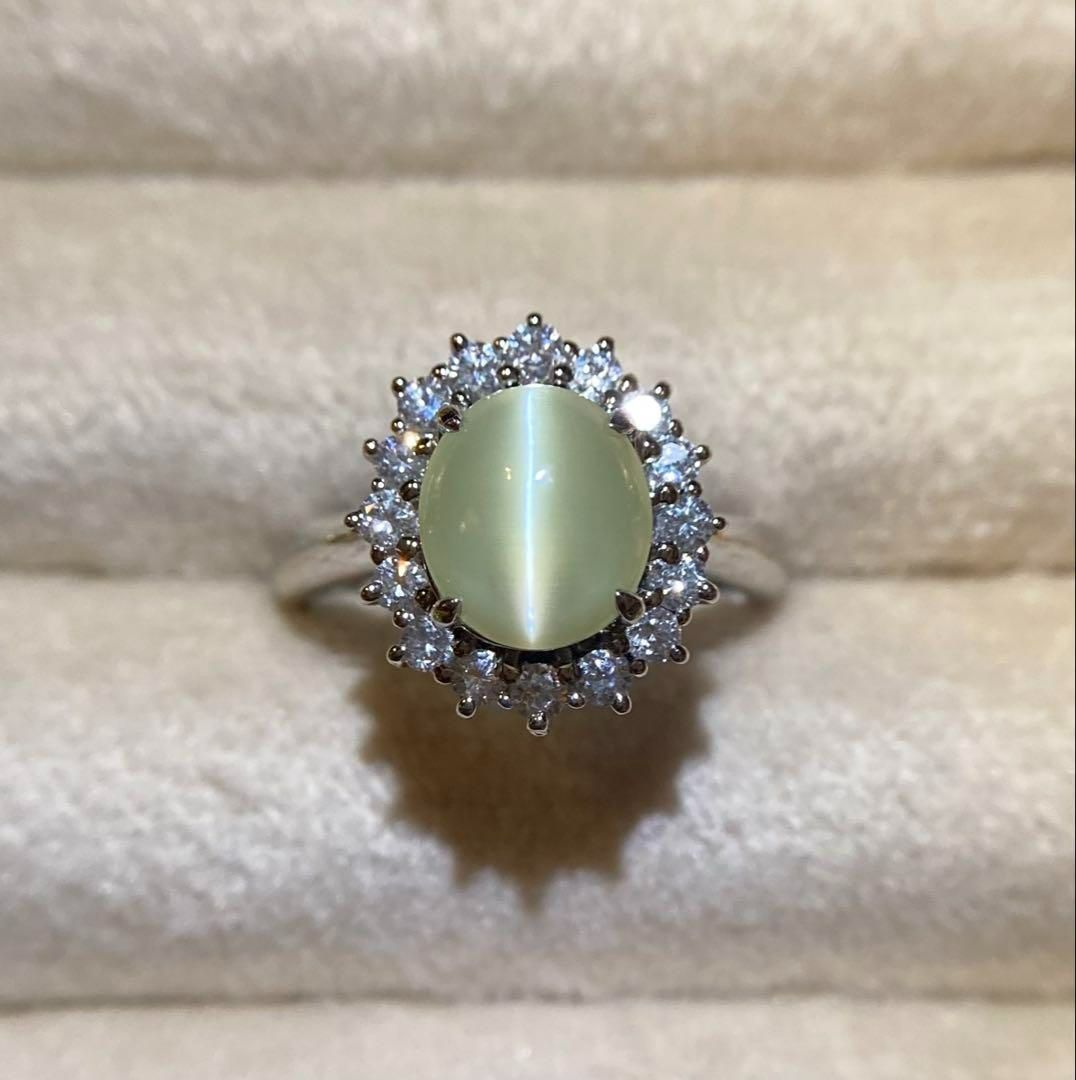 pt900 ミルク-ハニー クリソベリルキャッツアイ3.328ct ダイヤモンド リング 指輪｜鑑別書付き
