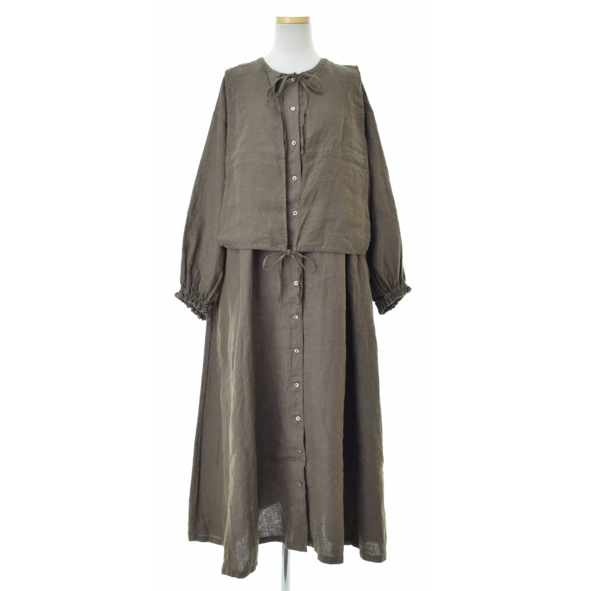 nestRobe】01204-1580 リネンタッカー付きフレアーワンピース長袖  