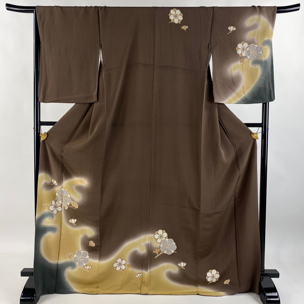 訪問着 身丈170.5cm 裄丈68.5cm L 袷 梅 波 金糸 金彩 焦茶色 正絹 秀品