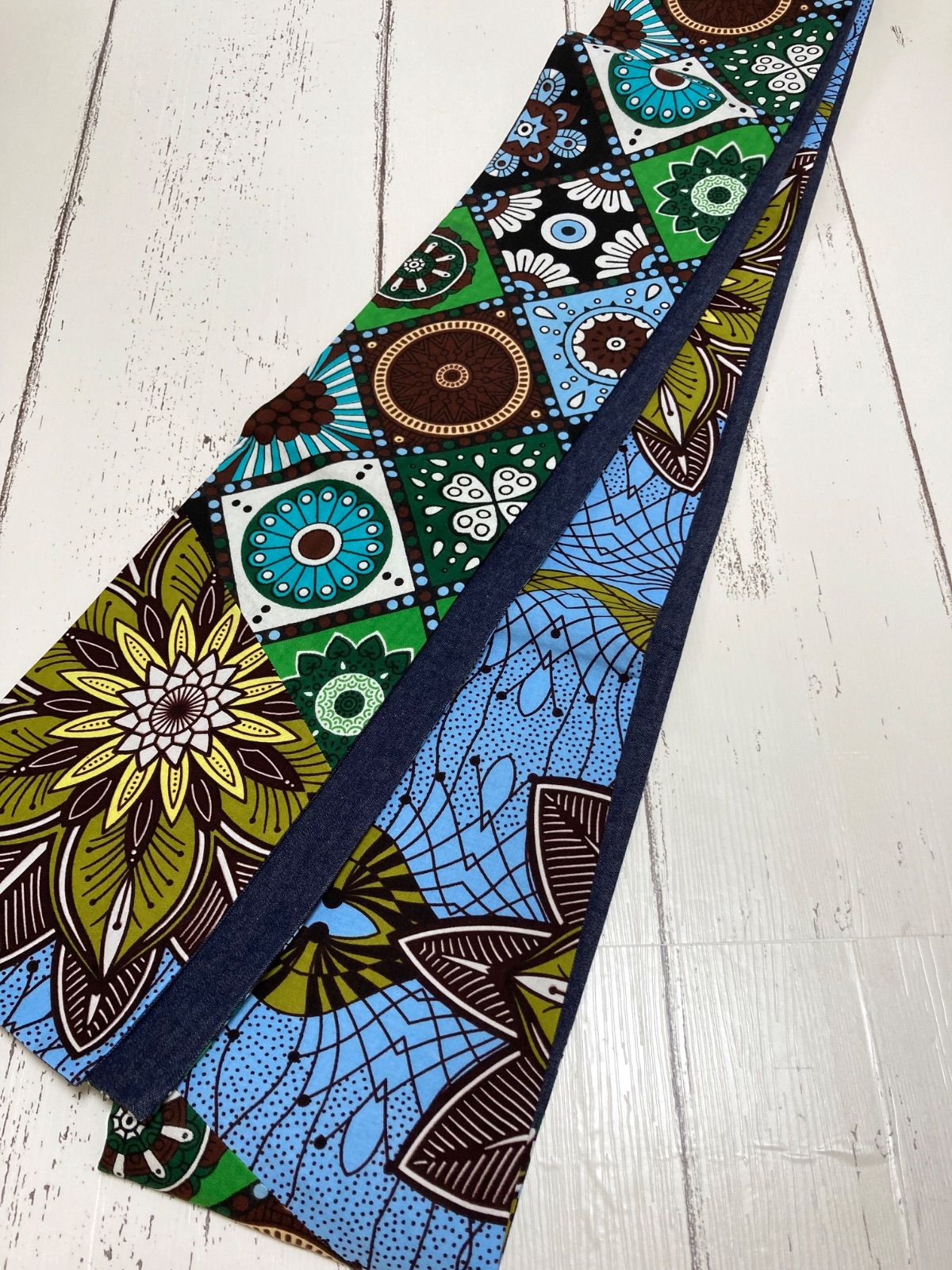 岡山デニム×アフリカンバティック×ポケット ２種パッチワーク×デニムステッチ