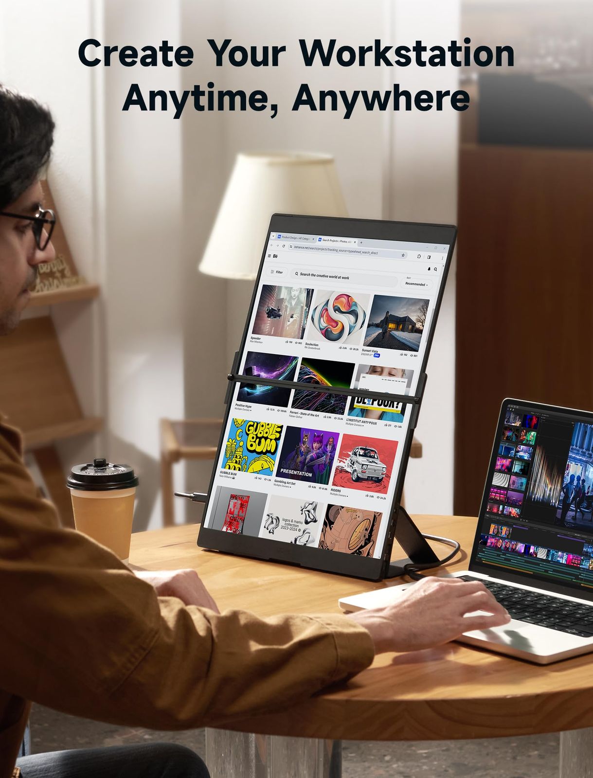 ポータブルモニター用マグネットレザースタンド コンパクトで折りたたみ