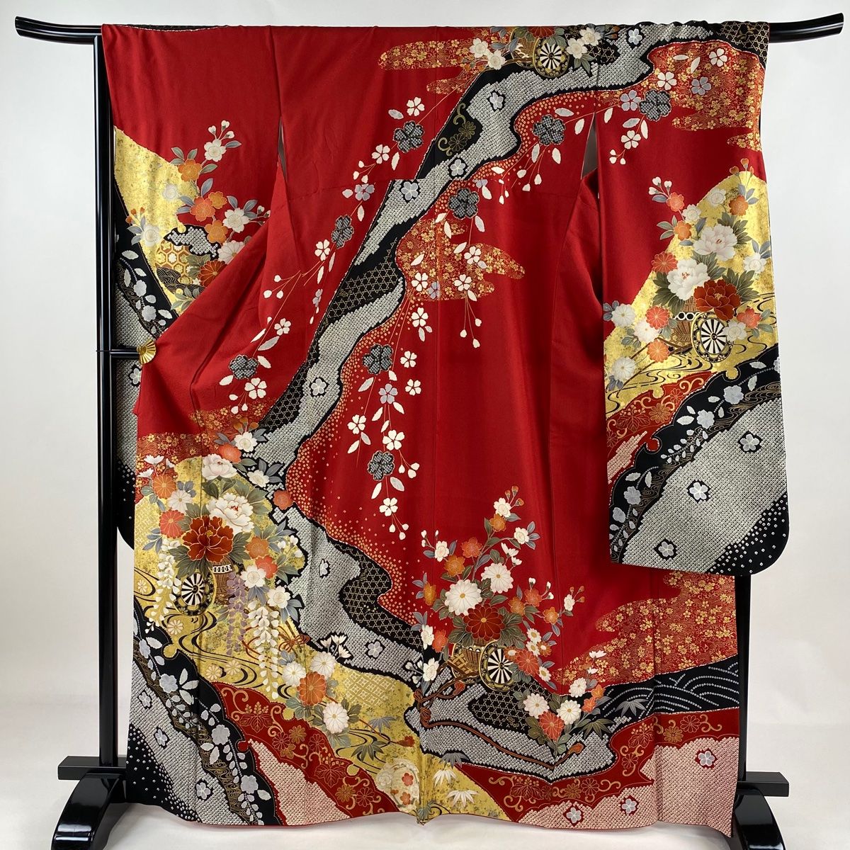 振袖 身丈167.5cm 裄丈68cm L 袷 落款 花車 流水 金糸 金銀彩 赤 正絹  