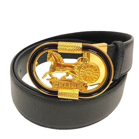 セリーヌ CELINE ベルト バックルベルト ロゴ 馬車 レザー ゴールド金具 黒 ブラック