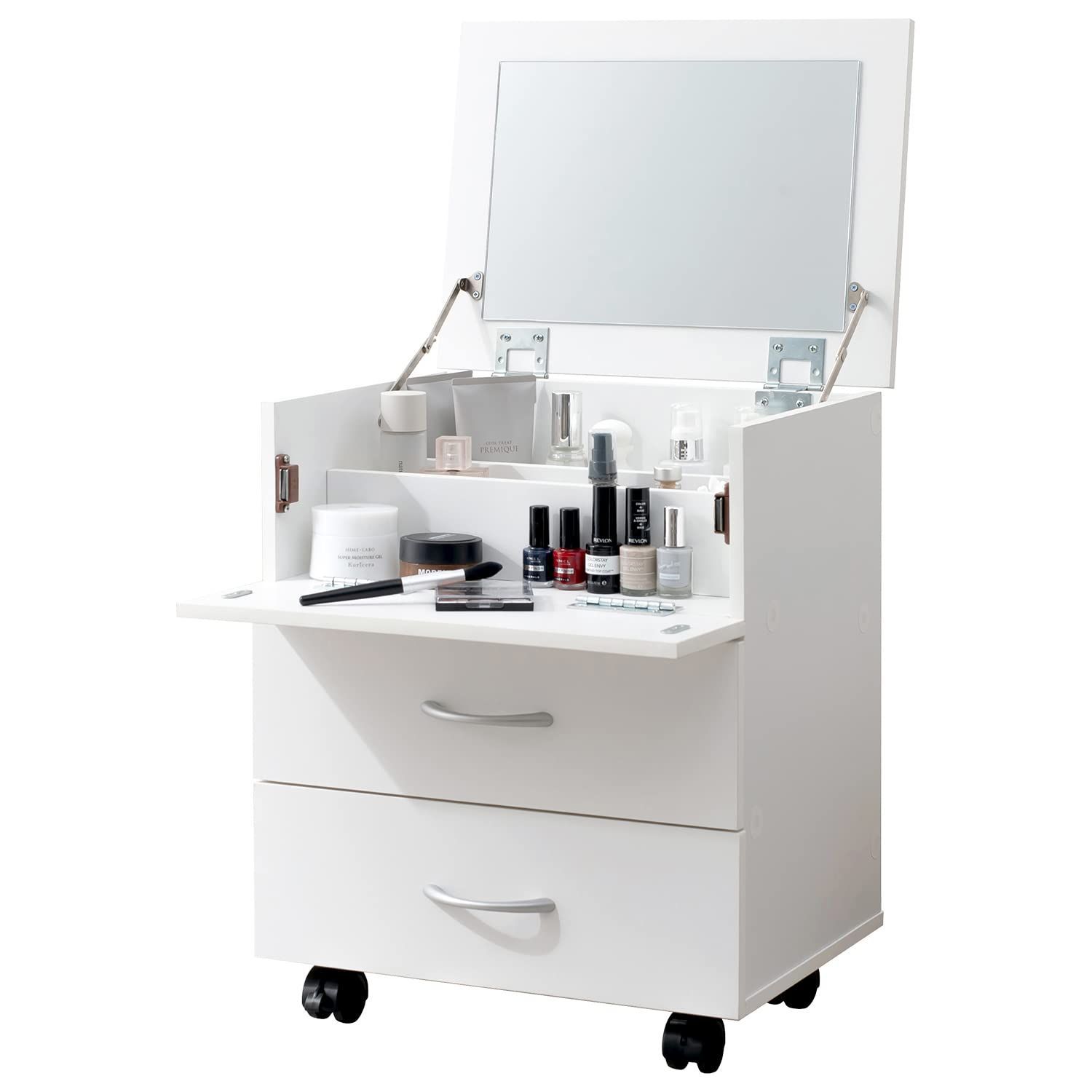 付き ミラー 収納 キャスター コンパクト コスメワゴン 幅45×奥行31×高さ82cm 化粧台 ホワイト ドレッサー 白 萩原 RUD-1830WH
