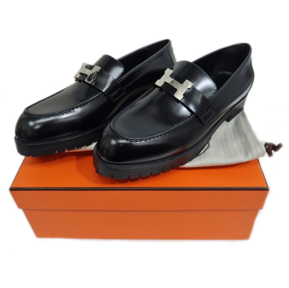 名東】エルメス モカシン フォーブル サイズ37 1/2 ブラック シルバー