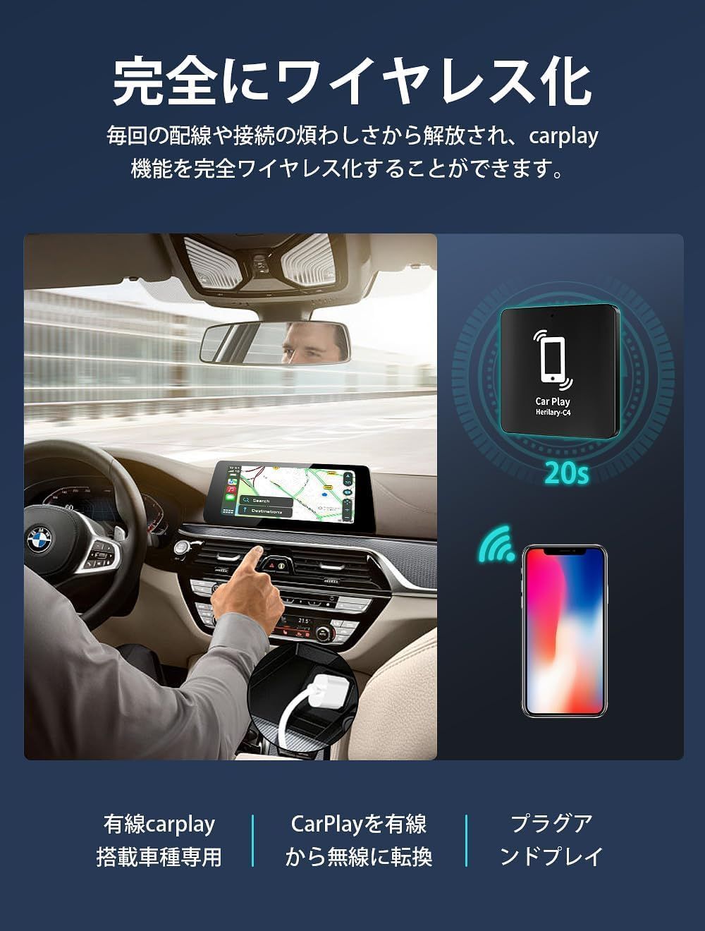 CarPlay ワイヤレスアダプター iPhone用 有線接続を無線化 自動接続 