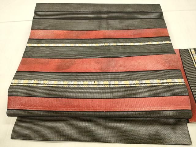 平和屋着物＊夏物 九寸名古屋帯 横段文 銀糸 正絹 逸品 DAAU8049cm  