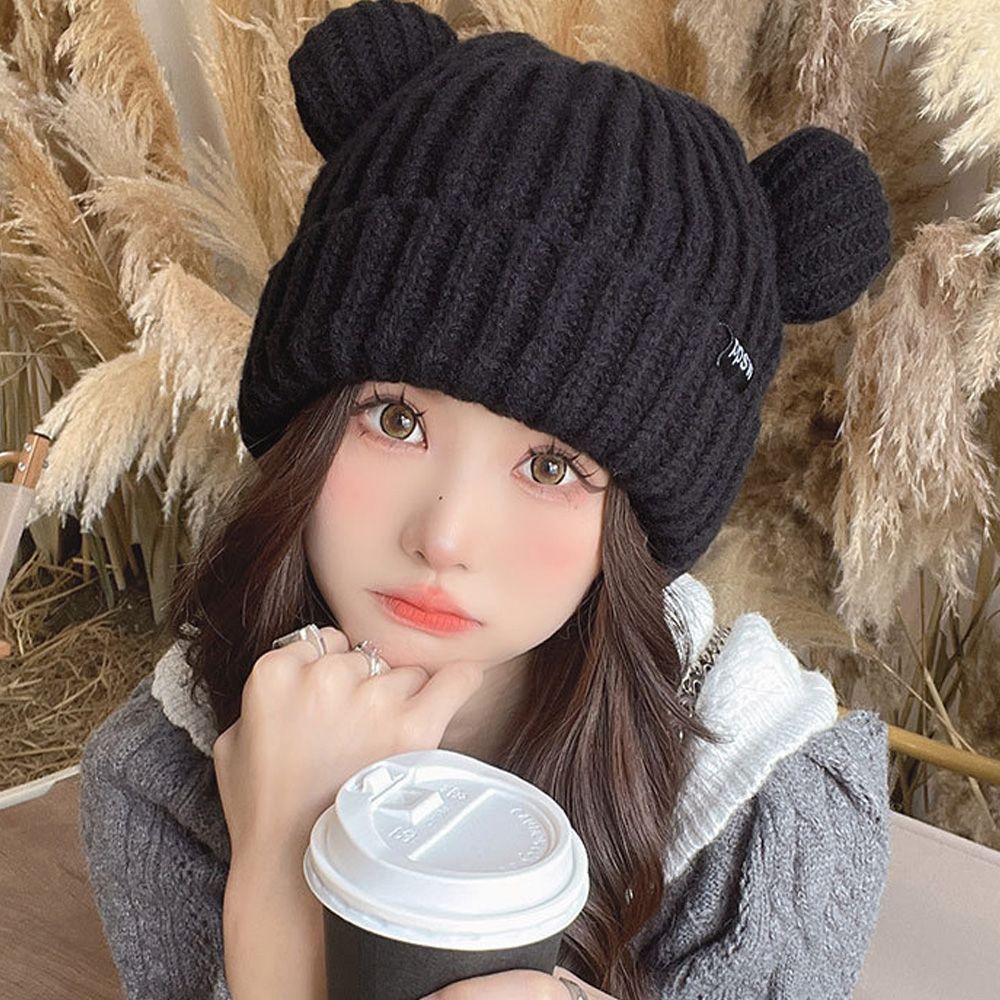パーリーゲイツ♪黒いリブ編みニット帽 ファー付きポンポン ♪タグ付き パーリーゲイツ♪黒いリブ編みニット帽 ファー付きポンポン