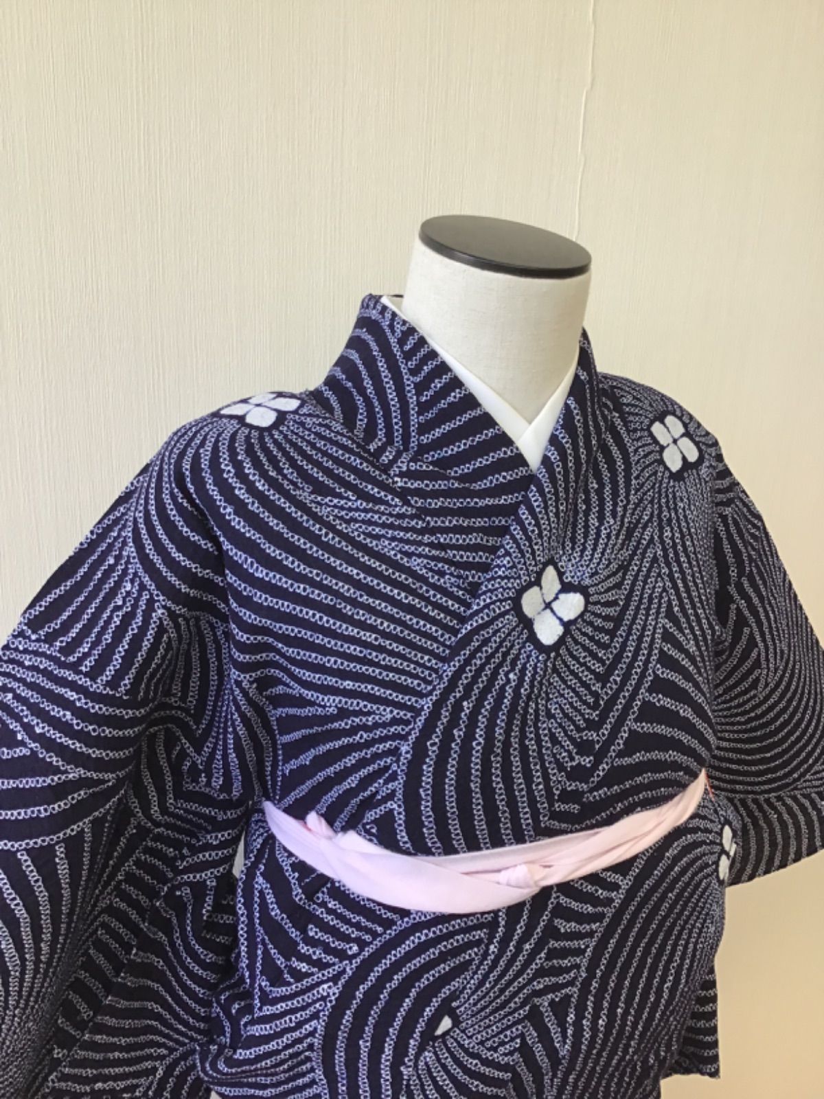 絞り 浴衣 着物 夏物 広襟 濃藍色 y-100