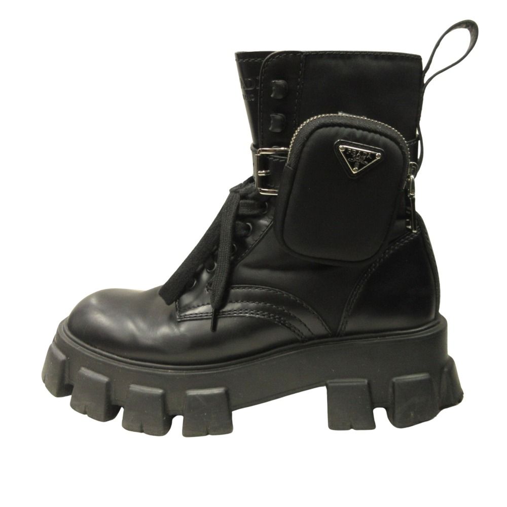PRADA プラダ モノリス ポーチ付 ブラッシュドレザー x ナイロン ブーツ コンバット トライアングルロゴ 7.5 26.5cm ブラック メンズ 古着