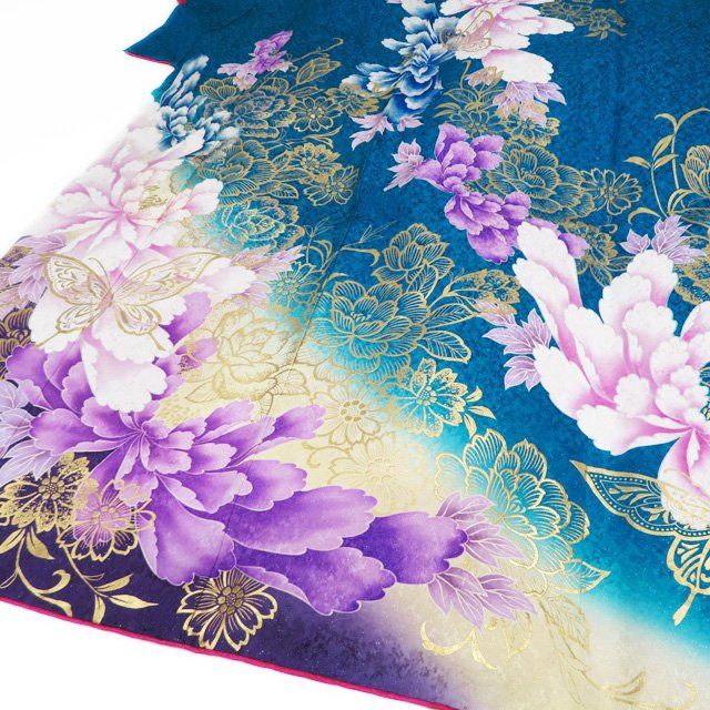 正絹大振袖 振袖 着物 中古 正絹 金彩 花模様 牡丹 桜 蝶 L トール A1159-3