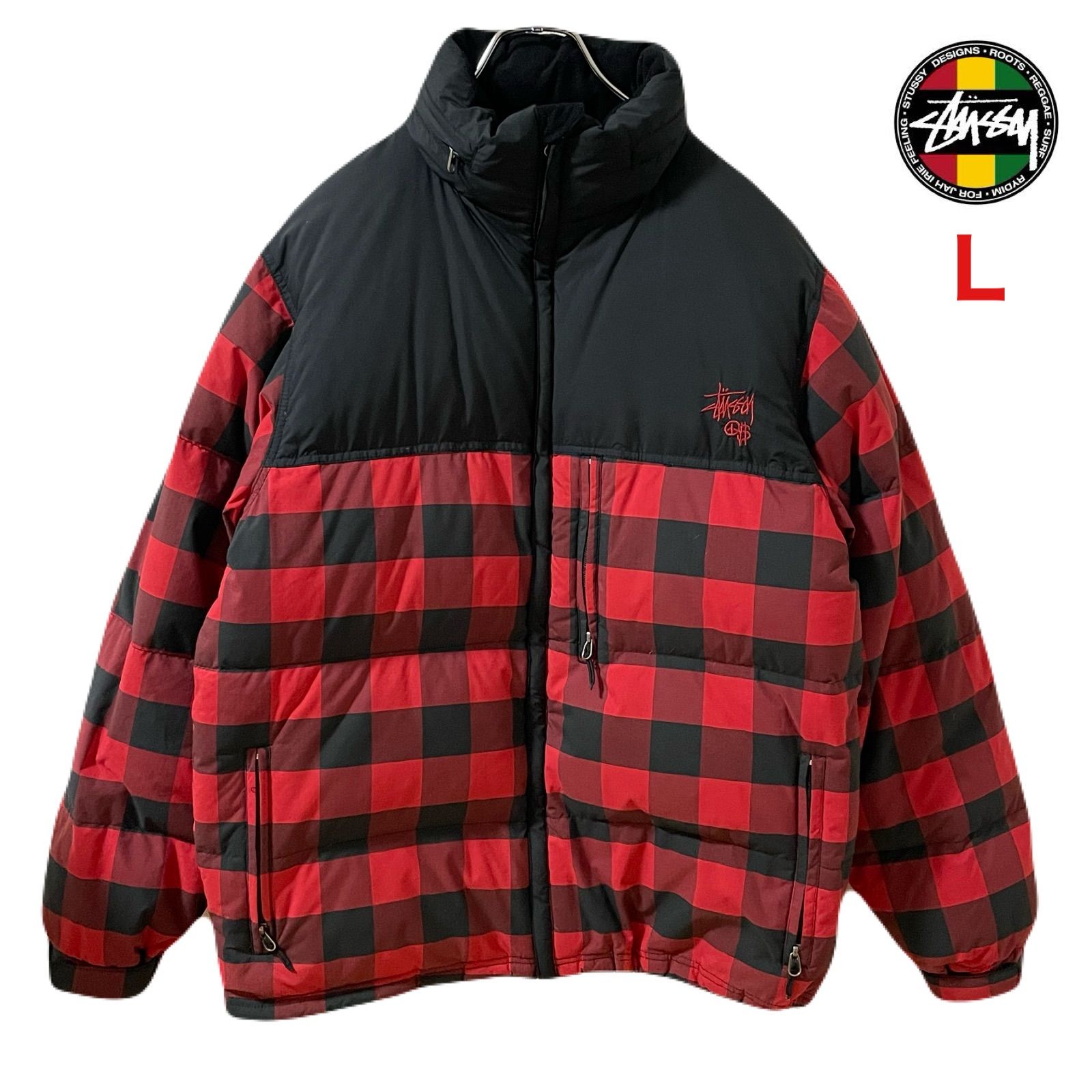 STUSSY 00s OLD ブロックチェック ダウンジャケット 両面刺繍ロゴ