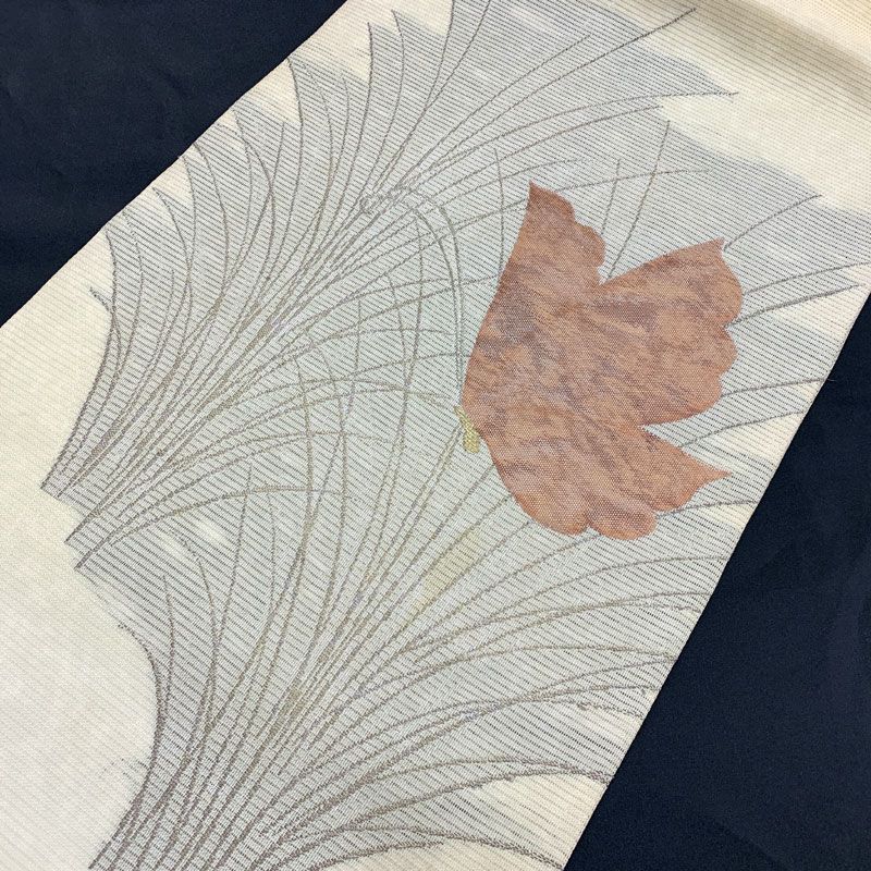 506an103◇セミアンティーク夏帯 絽 名古屋帯 ススキに蝶 金糸 昭和レトロ◇状態良好