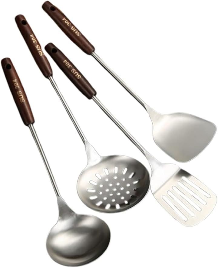 Asdays 中華お玉 キッチン用品 中華鍋用ヘラ 中華鍋用具 北欧風 フライ返し スパチュラ 調理器具 ステンレス製(シルバー, 4個セット)