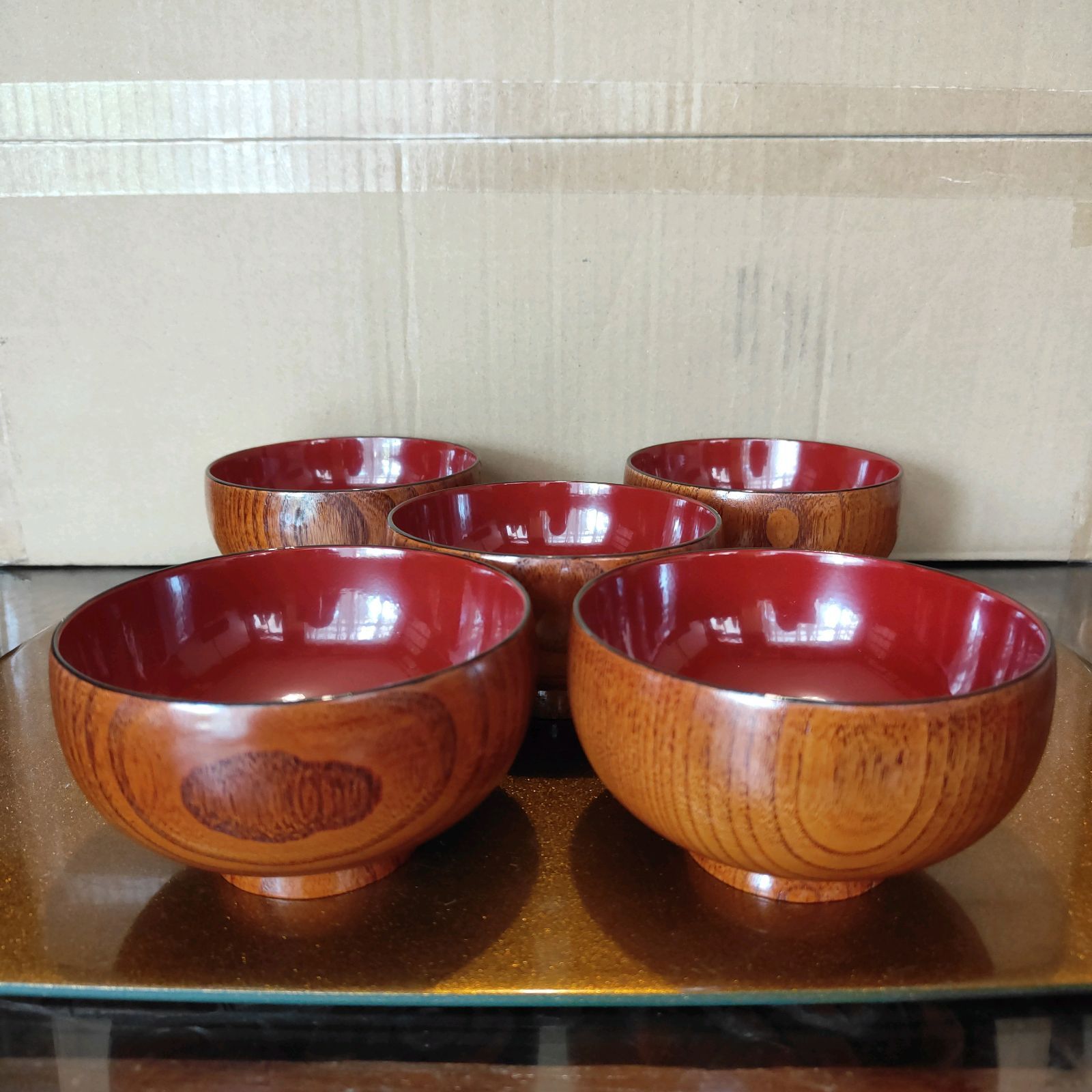 木曽漆器 汁椀揃 5客 内朱 摺り漆 けやき 天然木 轆轤挽き 本漆 布袋型 S268