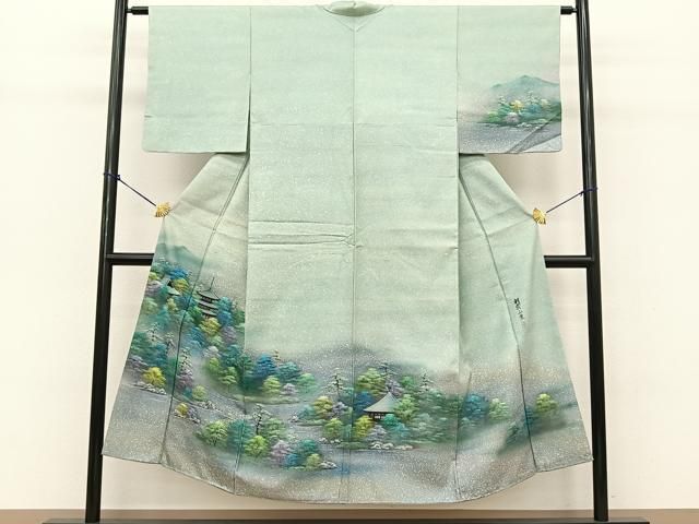 平和屋着物●訪問着 白山紬 作家物 手描き 朝露山景 暈し染め さが美扱い 反端付き 正絹 BAAT0799yc
