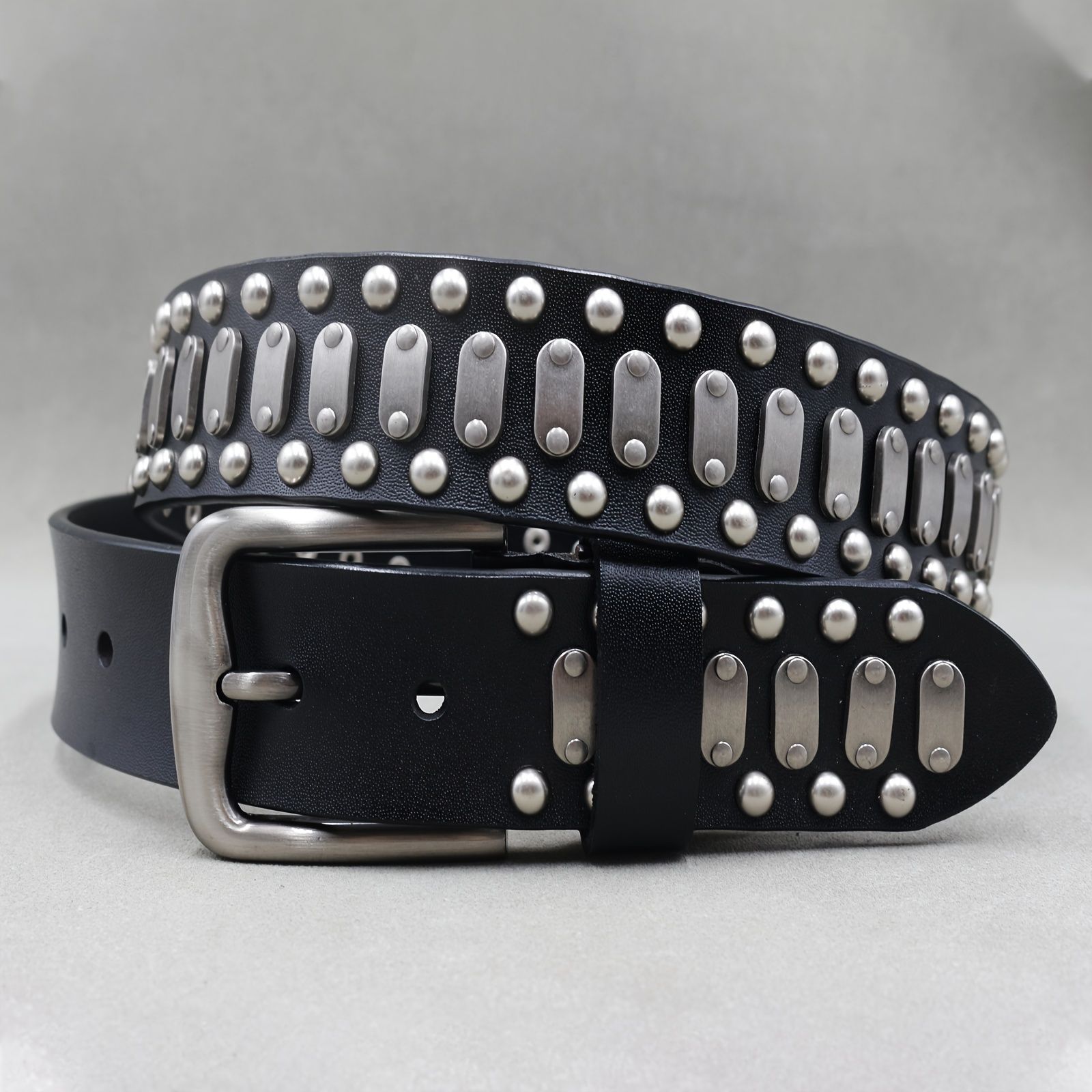 ヘビーメタルリベットとスクエア合金バックル付きメンズパンクスタイル本革ベルト - おしゃれなジーンズアクセサリー