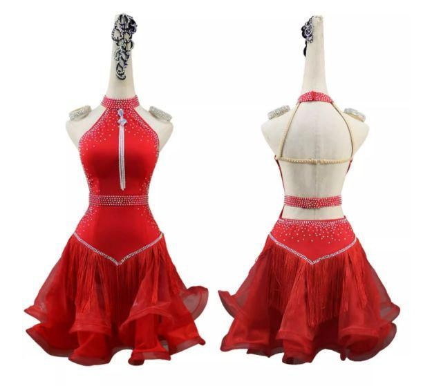 社交ダンスドレス ラテンドレス フリンジ デモ用 レッド オーダーメイド
