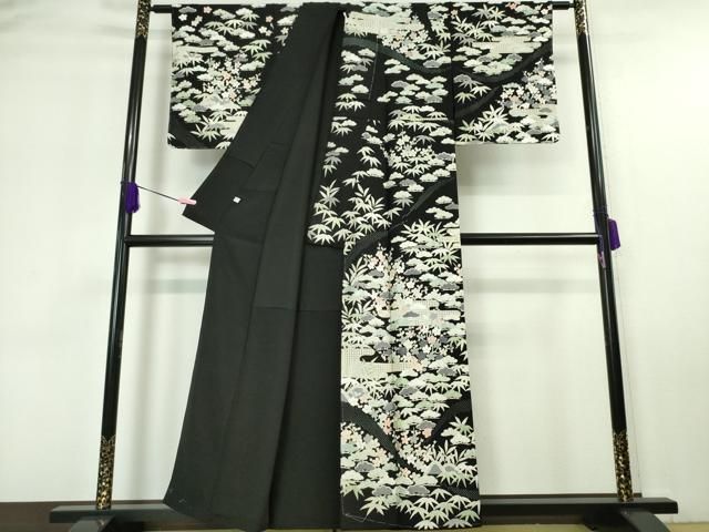 平和屋本店■極上　中国三大刺繍　スワトウ刺繍　汕頭刺繍　訪問着　松竹梅　黒地　金糸　反端付き　逸品　未使用　DZAA5779kh5 平和屋本店□極上 中国三大刺繍 スワトウ刺繍 汕頭刺繍 訪問着 松竹梅
