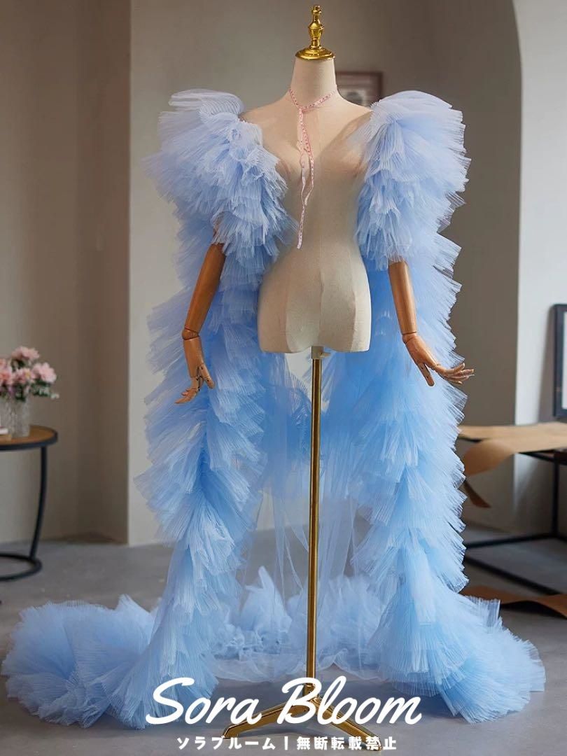 フリルスリーブがゴージャスなソフトチュールのロングショール 新品・未使用】フリルスリーブがゴージャスなソフトチュールの