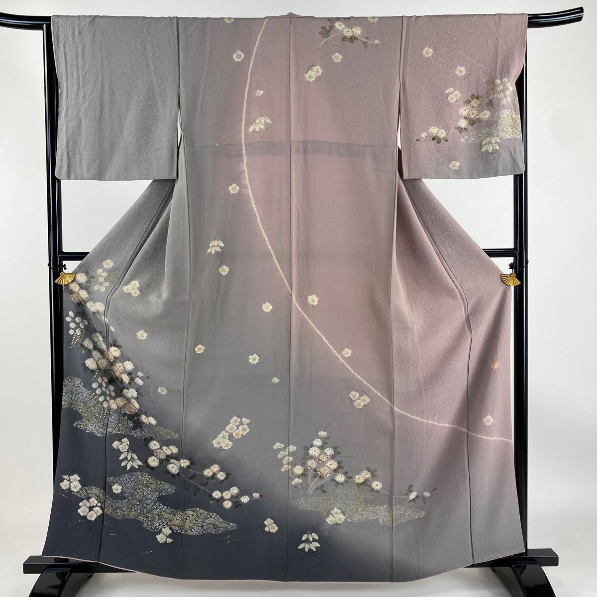 訪問着 身丈160.5cm 裄丈65cm M 袷 滝泰 落款 草花 霞 金銀彩