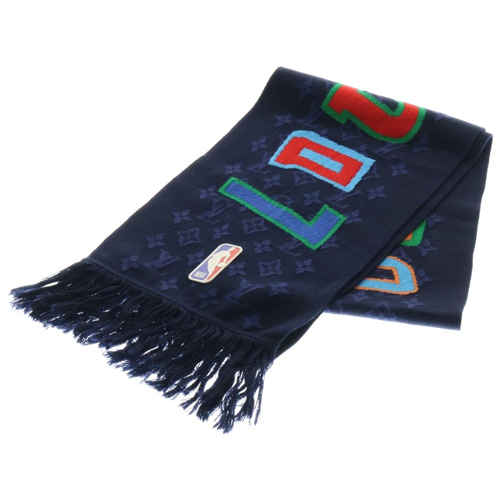 LOUIS VUITTON ルイヴィトン 21AW ×NBA エシャルプ モノグラム ロゴ レザーパッチ ウール フリンジマフラー ネイビー MP3033
