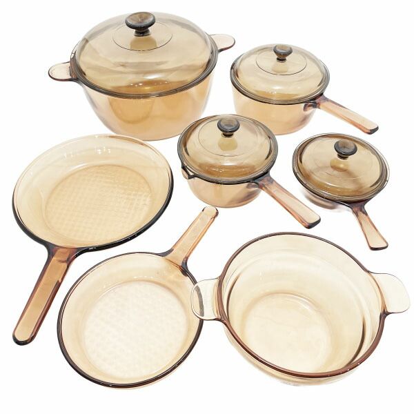 ♥ ビジョン ガラス鍋 スキレット ソースパン 蓋付 フライパン 鍋 11点セット パイロセラム V-500 VISION キッチン用品 食器 ヴィンテージ 昭和レトロ 耐熱ガラス ガス火