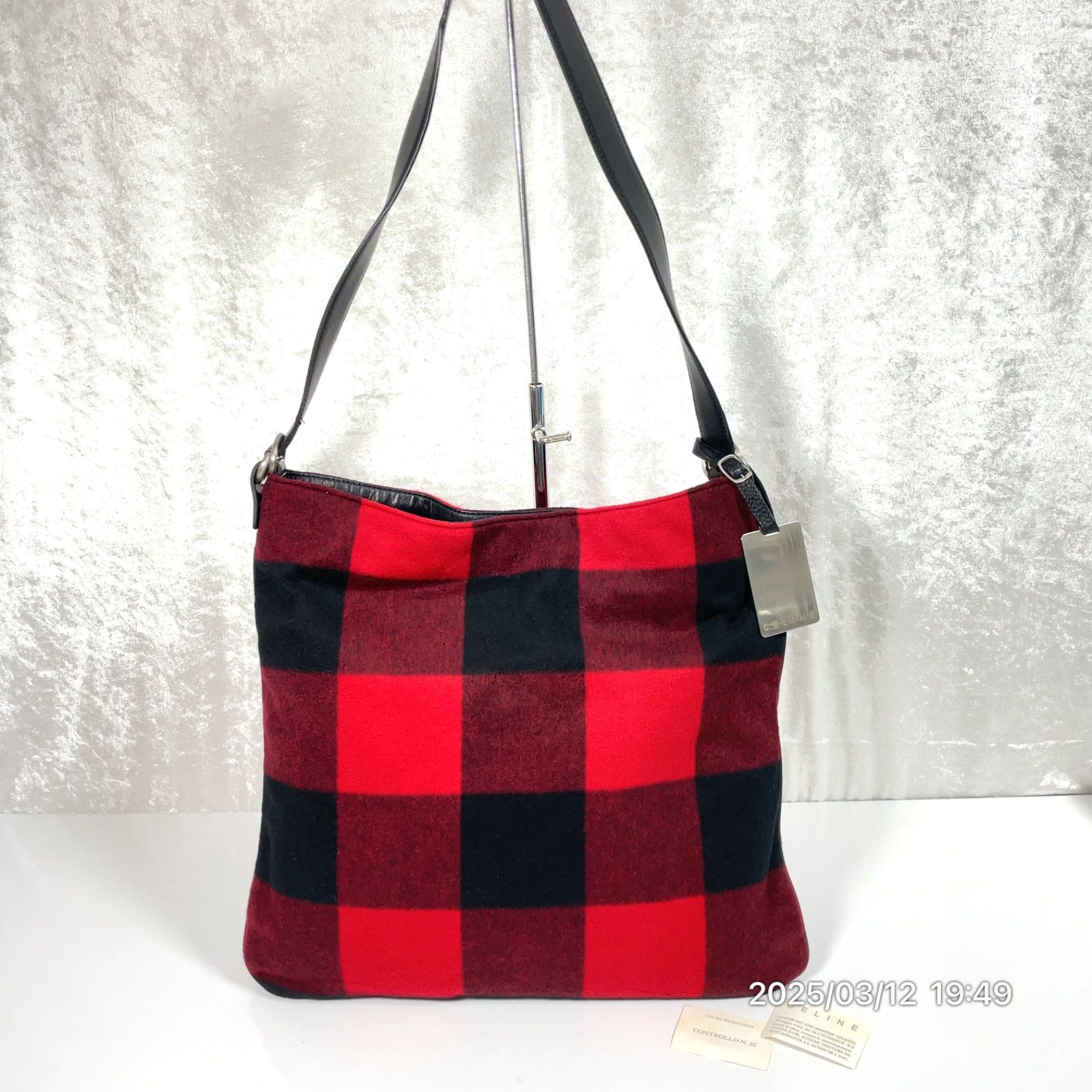 CELINE セリーヌ チェック柄 ブラック× レッドカラー ウール レザー 革 
