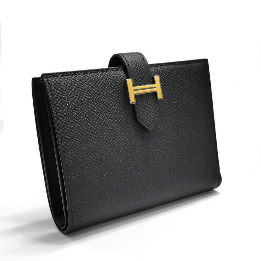 名東】エルメス ベアンコンパクト 二つ折り財布 ブラック ゴールド金具