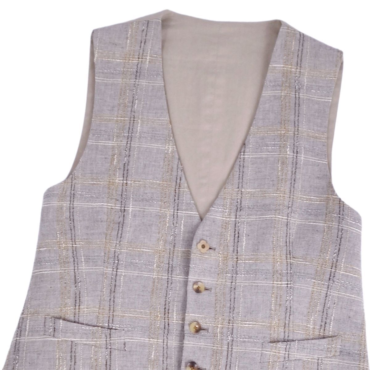 美品 ラルディーニ LARDINI ベスト ジレ チェック コットン リネン