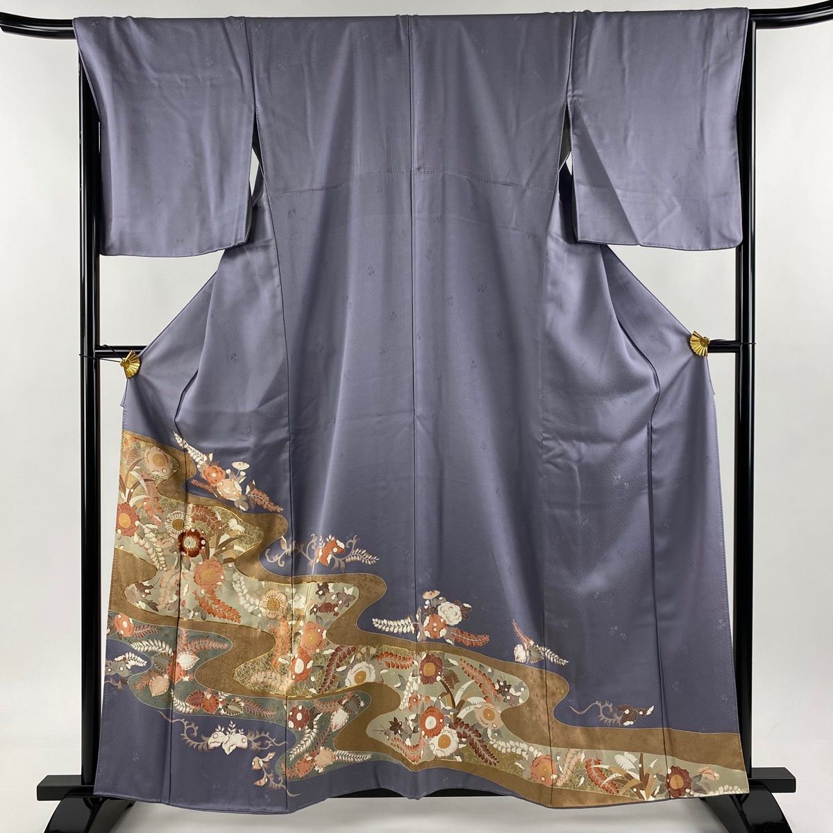 色留袖 身丈159cm 裄丈67cm M 袷 草花 霞 金糸 金彩 青灰色 正絹 秀品 一つ紋