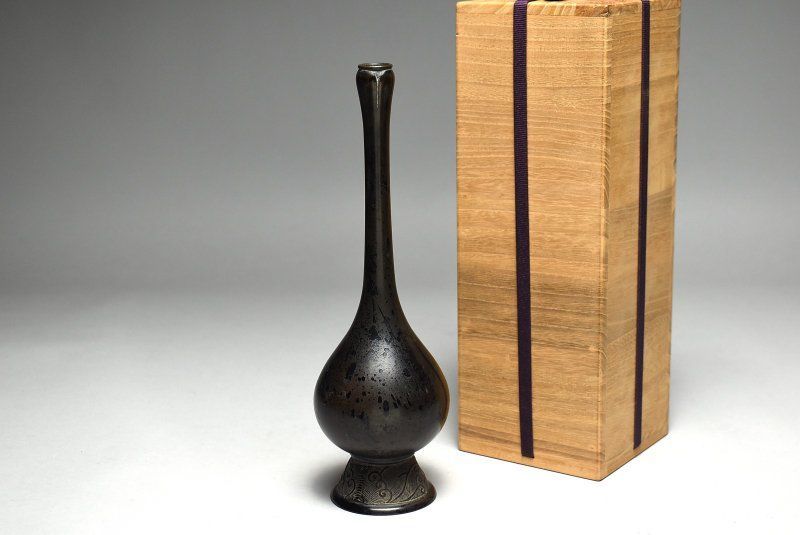 蔵A5031 時代 銅造 曽呂利瓶 一輪花生け 遠州流家元 初出し品