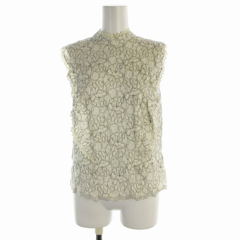 アルアバイル allureville タグ付き ブラウス カットソー 総レース フリル インナーキャミ付き バンドカラー ノースリーブ 2 M 白 ホワイト グレー /RO