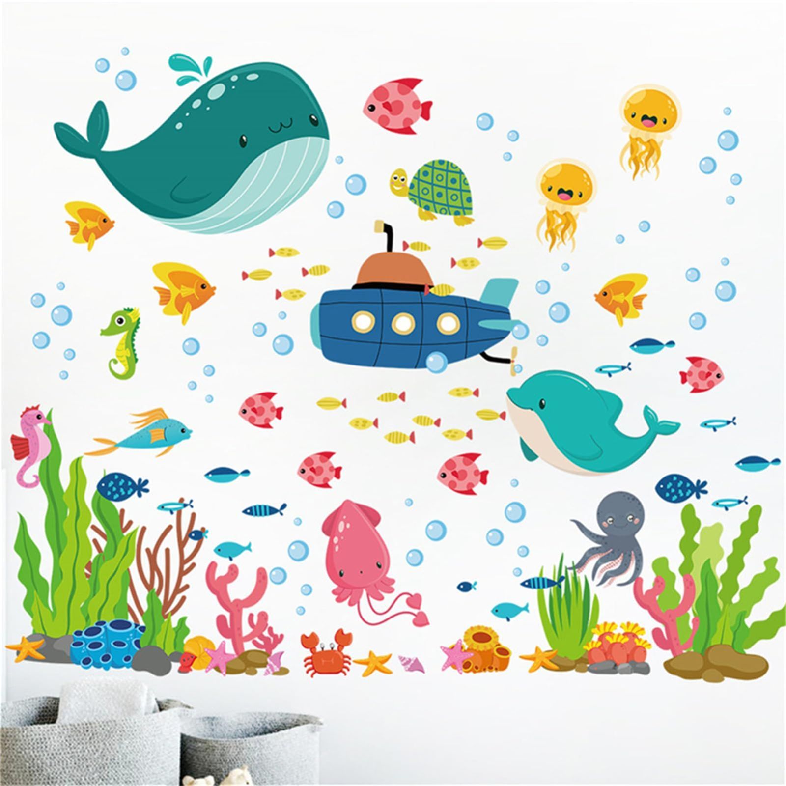 【人気商品】ドルフィン シール クジラ 潜水艦 タコ 水草 壁 海の魚 タツノオトシゴ ウミガメ 絵画風 豊かな水中世界 お風呂 壁紙 ポスター おしゃれ 防水 男の子 女の子 海の中 子供部屋 wall