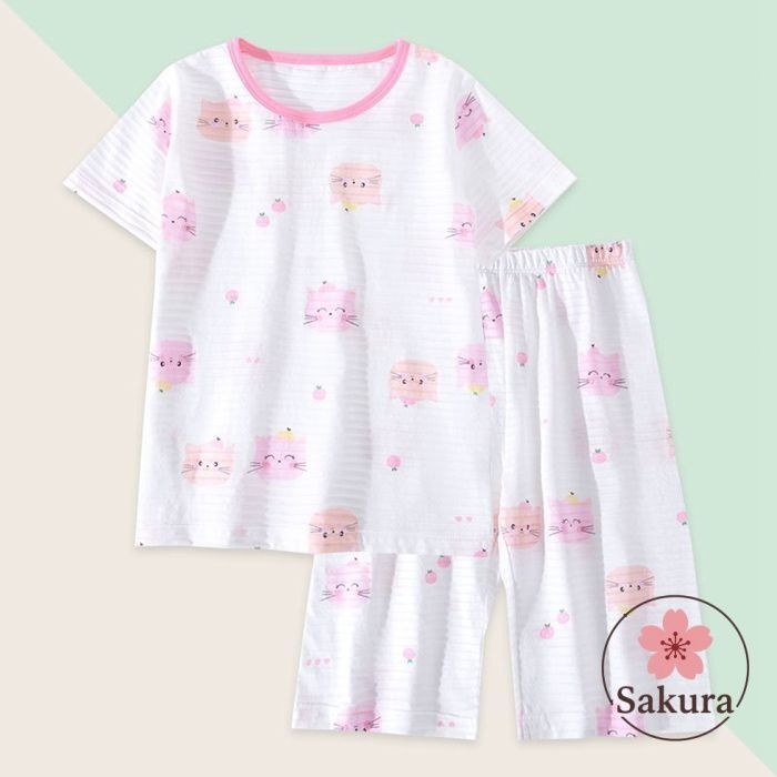 【ホワイト】新品タグ付　CAT柄　パジャマ　上下セット　半袖 パジャマ キッズ 女の子 綿 半袖 涼しい ルームウェア パジャマ