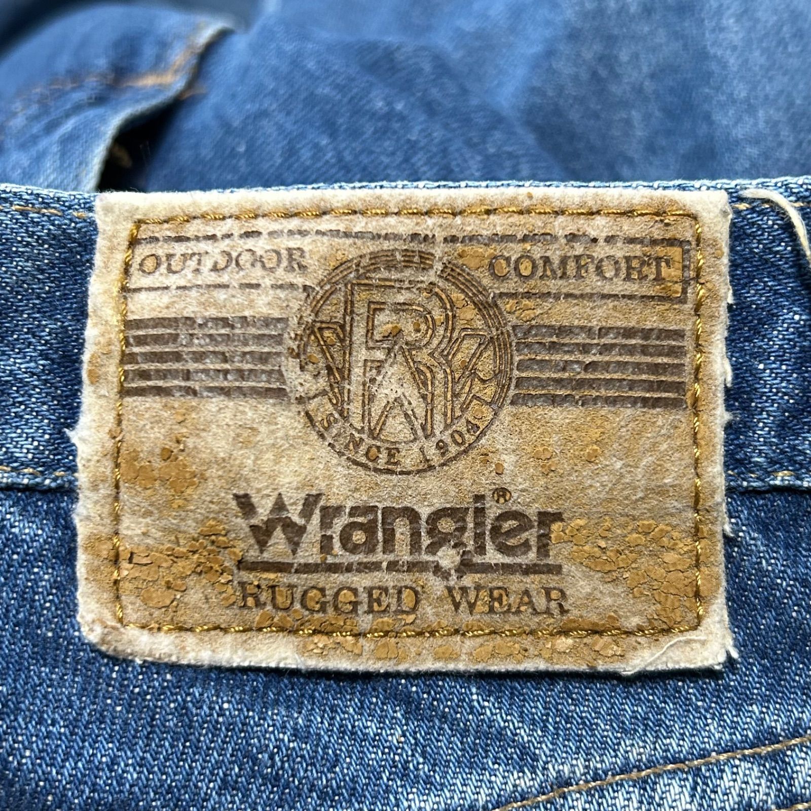 ラングラーデニムパンツWrangler90年代バギーレザーパッチロゴ紺